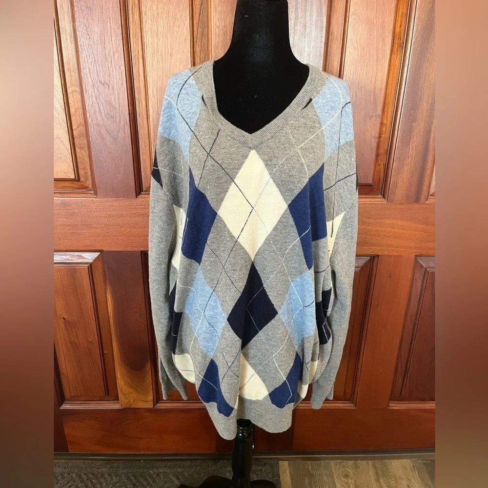 Jos. A. Bank Sweater Mens XXL Gray Blue Argyle Diamond Lambs Wool Grandpa Rogers